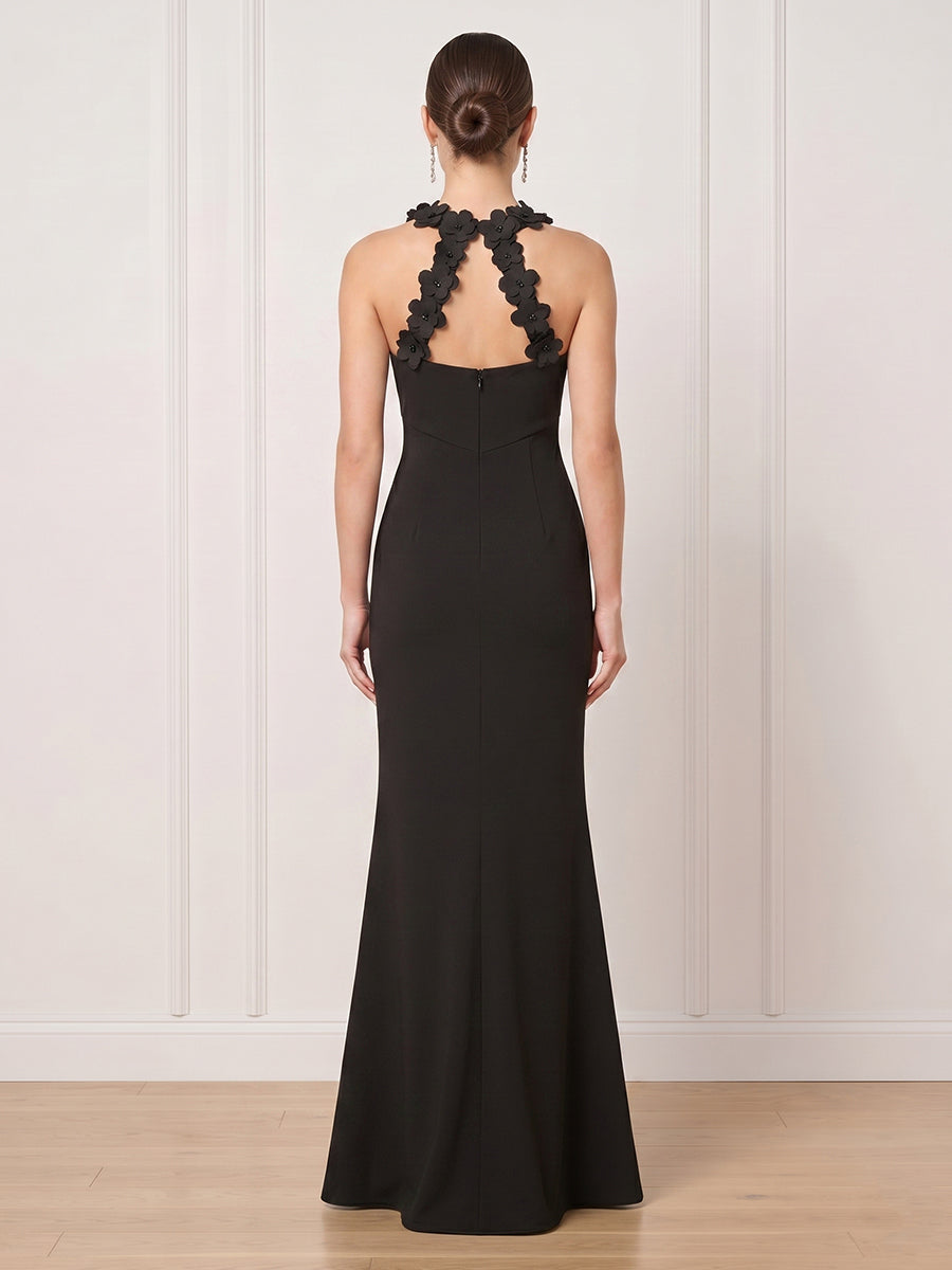 Satin Mermaid Halter Long Formal Dresses with Flowers