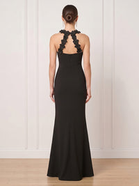 Satin Mermaid Halter Long Formal Dresses with Flowers