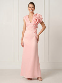 Satin Sheath V Neck Long Formal Dresses with 3D Flower