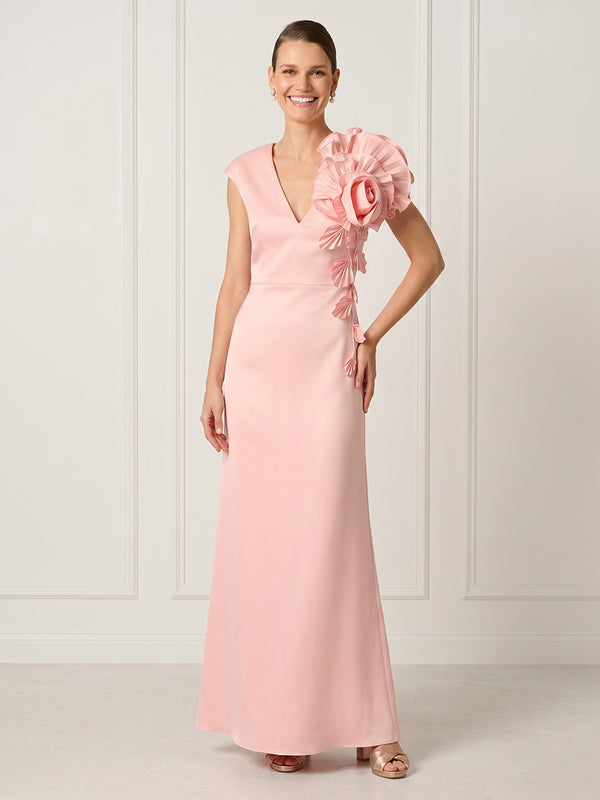 Satin Sheath V Neck Long Formal Dresses with 3D Flower