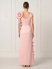 Satin Sheath V Neck Long Formal Dresses with 3D Flower