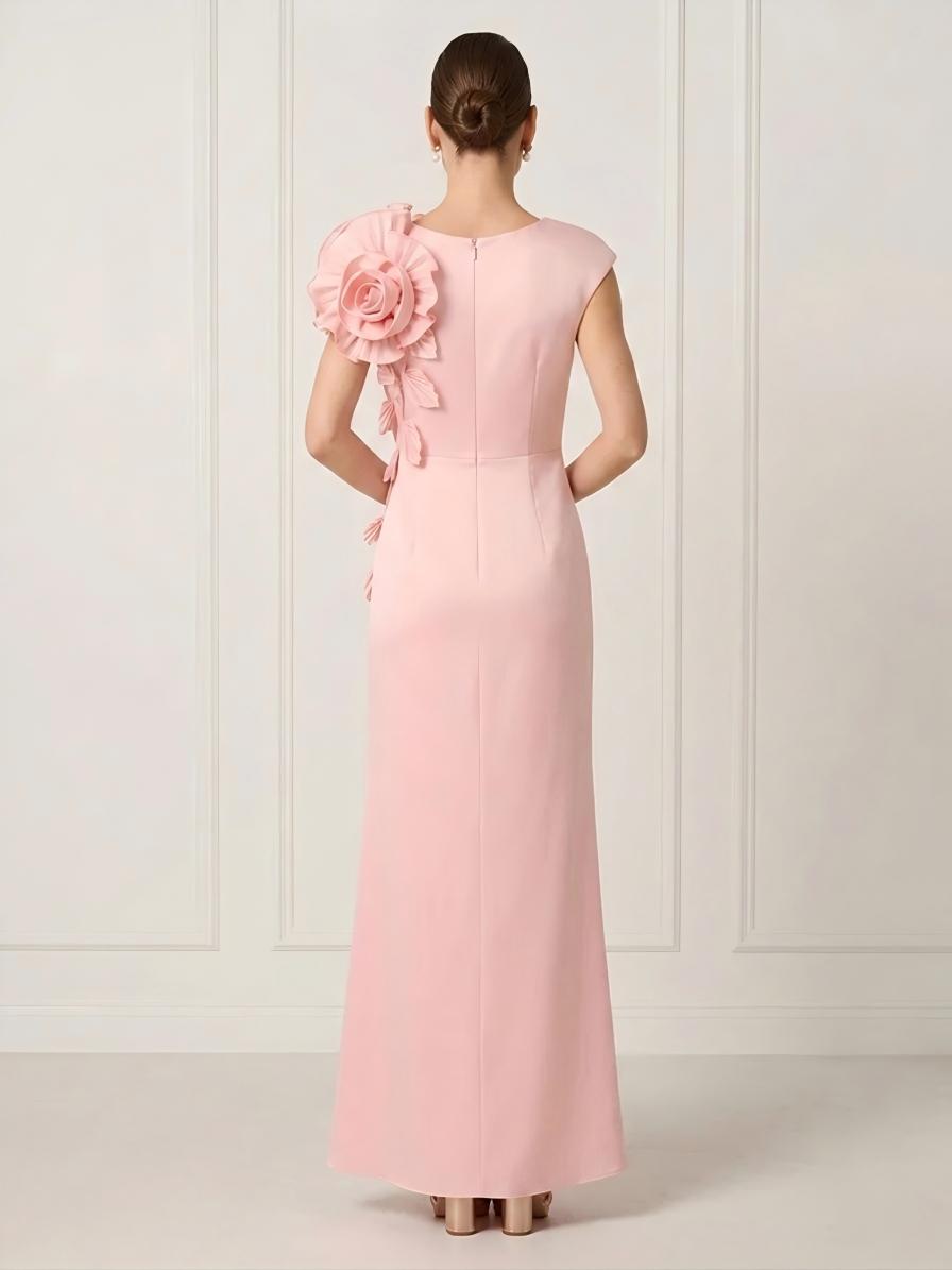 Satin Sheath V Neck Long Formal Dresses with 3D Flower