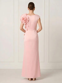Satin Sheath V Neck Long Formal Dresses with 3D Flower