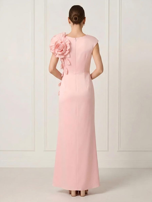 Satin Sheath V Neck Long Formal Dresses with 3D Flower