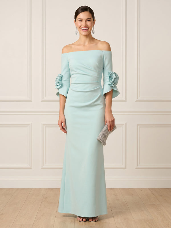 Satin Sheath Long Sleeves Long Formal Dresses with 3D Flower