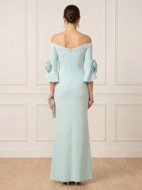 Satin Sheath Long Sleeves Long Formal Dresses with 3D Flower