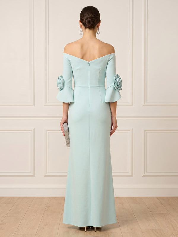 Satin Sheath Long Sleeves Long Formal Dresses with 3D Flower
