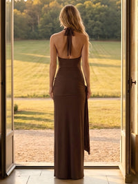 Satin Mermaid Halter Long Formal Dresses with Pleated