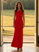 Satin Mermaid Halter Long Formal Dresses with Ruffles