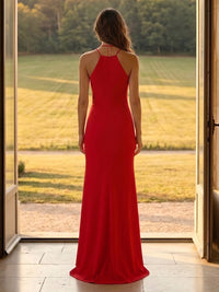 Satin Mermaid Halter Long Formal Dresses with Ruffles