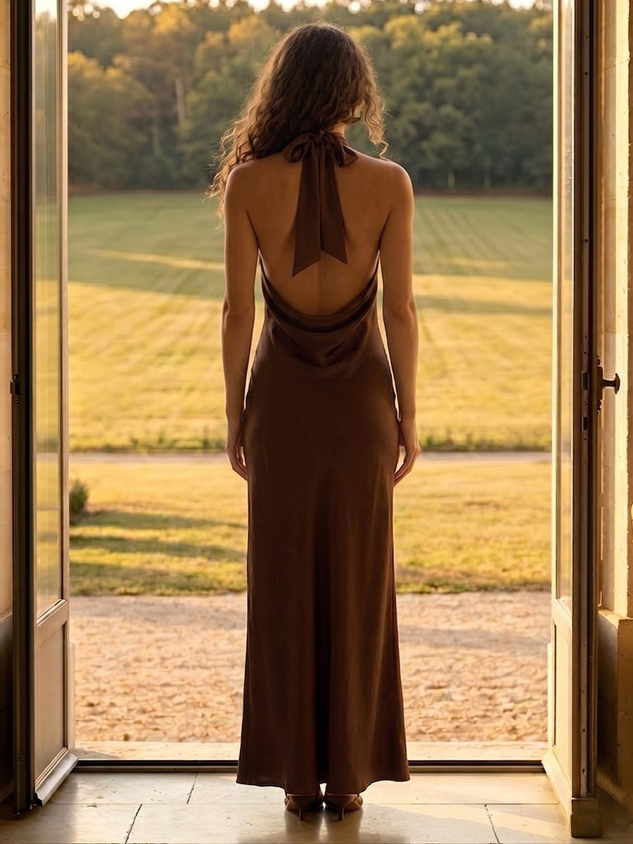 Satin Mermaid Halter Long Formal Dresses with Backless