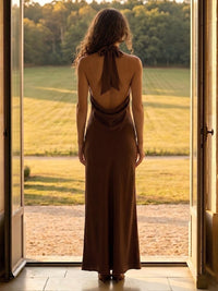 Satin Mermaid Halter Long Formal Dresses with Backless