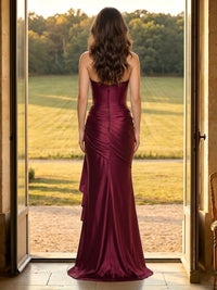 Satin Mermaid Strapless Long Formal Dresses with Ruched