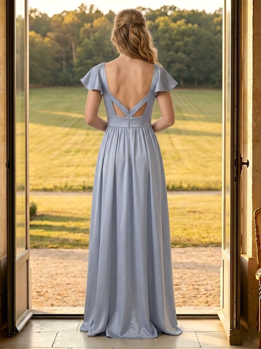 Satin A Line Square Neck Short Sleeves Long Formal Dresses with Slit