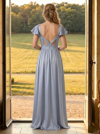 Satin A Line Square Neck Short Sleeves Long Formal Dresses with Slit