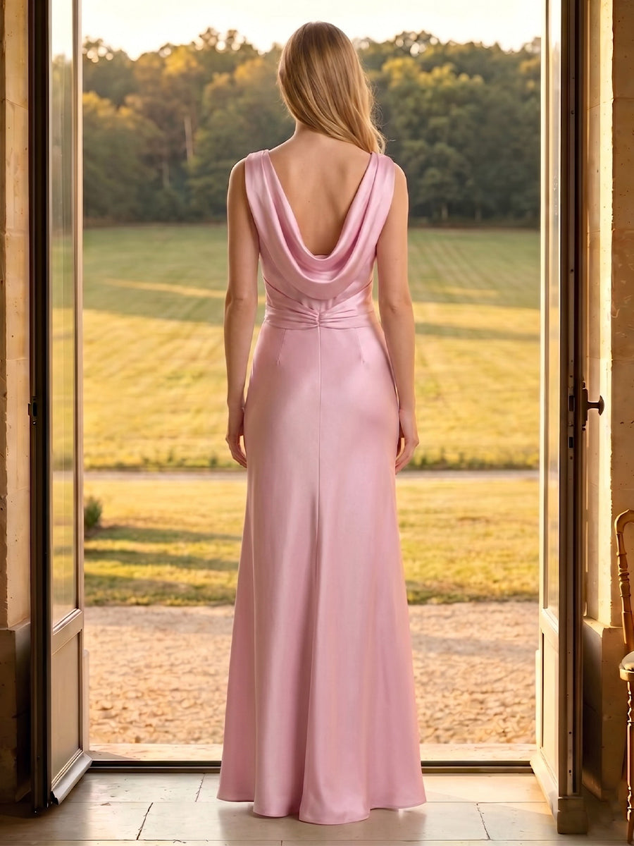 Satin Mermaid Cowl Neck Sleeveless Long Formal Dresses with Slit