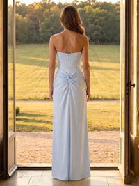 Satin Mermaid Strapless Sleeveless Long Formal Dresses with Pleated
