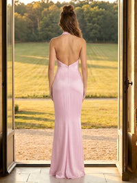 Satin Mermaid Halter Sleeveless Long Formal Dresses with Backless
