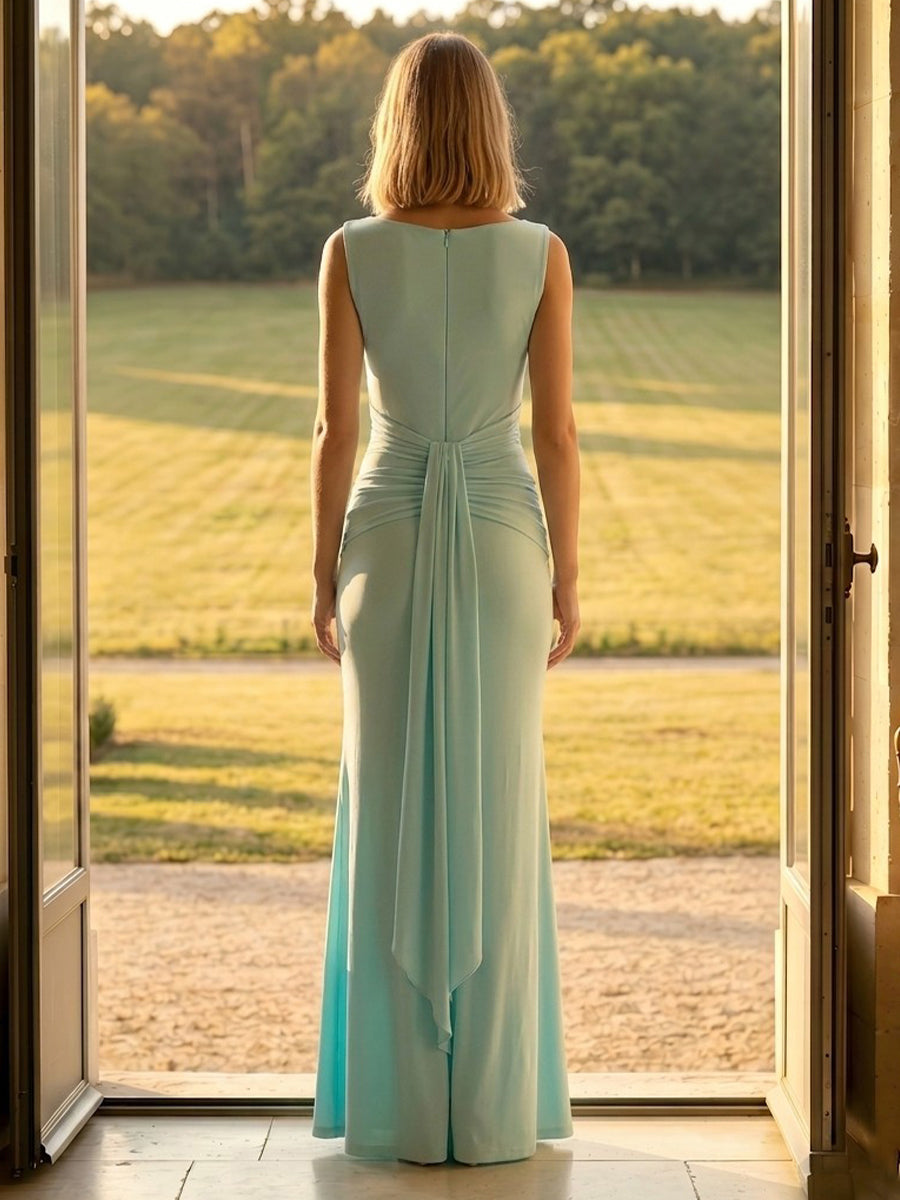 Satin Mermaid Sleeveless Long Formal Dresses with Pleated