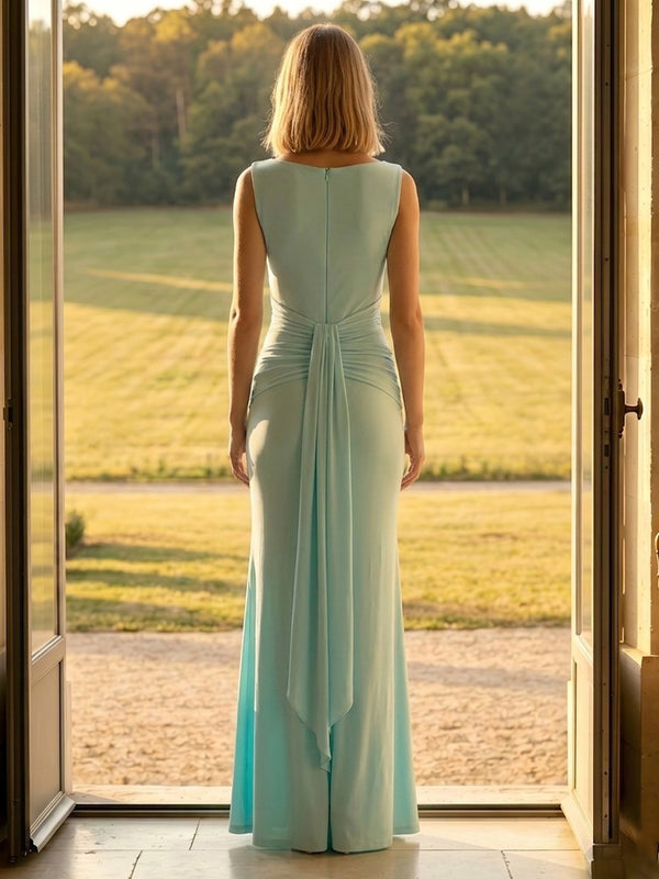 Satin Mermaid Sleeveless Long Formal Dresses with Pleated