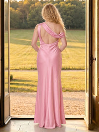 Satin Mermaid One Shoulder Long Formal Dresses with Slit