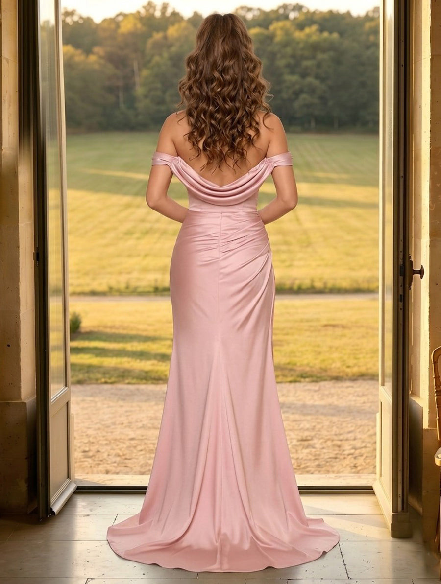 Satin Mermaid Off Shoulder Long Formal Dresses with Slit