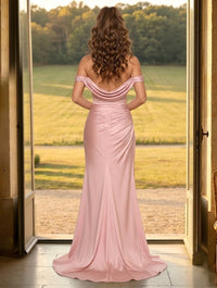 Satin Mermaid Off Shoulder Long Formal Dresses with Slit