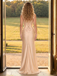 Satin Mermaid Spaghetti Straps Long Formal Dresses with Slit