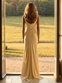 Satin Mermaid Sleeveless Long Formal Dresses with Slit