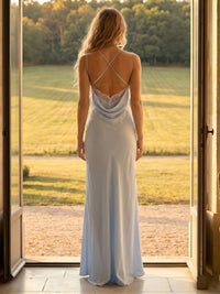 Satin Mermaid Spaghetti Straps Long Formal Dresses with Backless