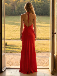 Satin Mermaid Halter Long Formal Dresses with Backless