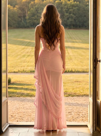Tulle Mermaid Spaghetti Straps Sleeveless Long Formal Dresses with Slit