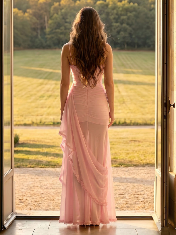 Tulle Mermaid Spaghetti Straps Sleeveless Long Formal Dresses with Slit