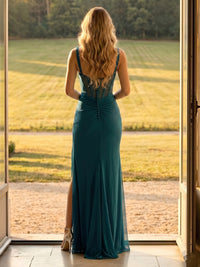 Tulle Mermaid Spaghetti Straps Long Formal Dresses with Slit