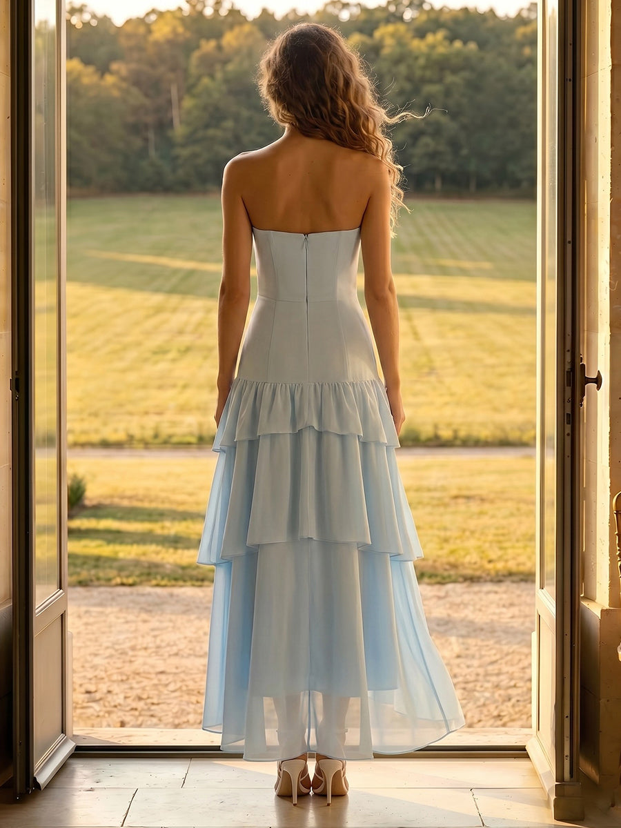Chiffon A Line Strapless Long Formal Dresses with Tiered