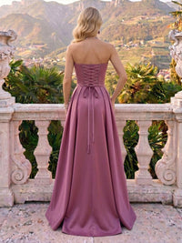 Satin Strapless A line Sleeveless Bow Long Formal Dresses