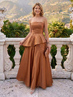 Satin Strapless A Line Sleeveless Embroidery Long Formal Dresses