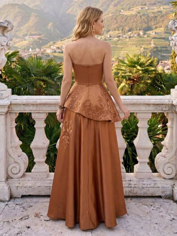 Satin Strapless A Line Sleeveless Embroidery Long Formal Dresses