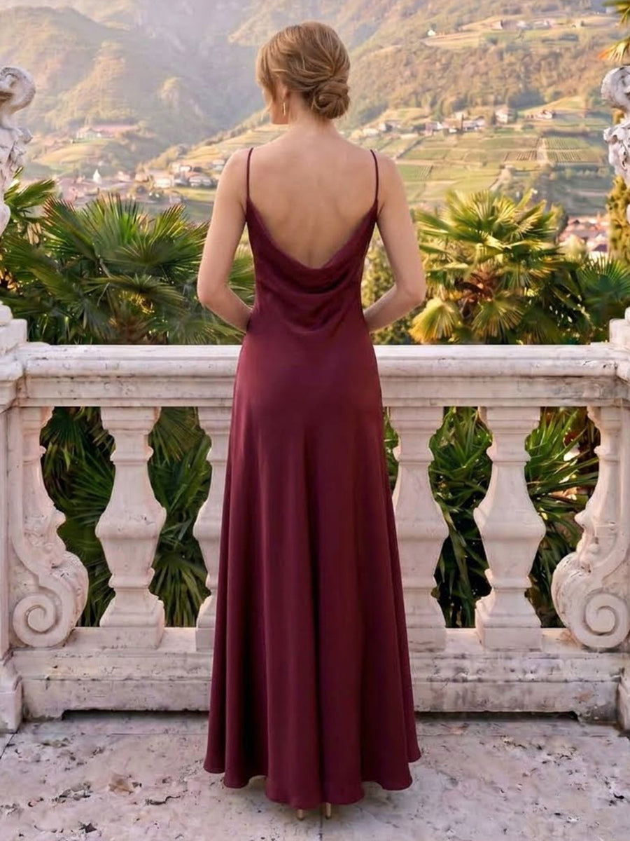 Spaghetti Straps Satin A Line Sleeveless Long Formal Dresses
