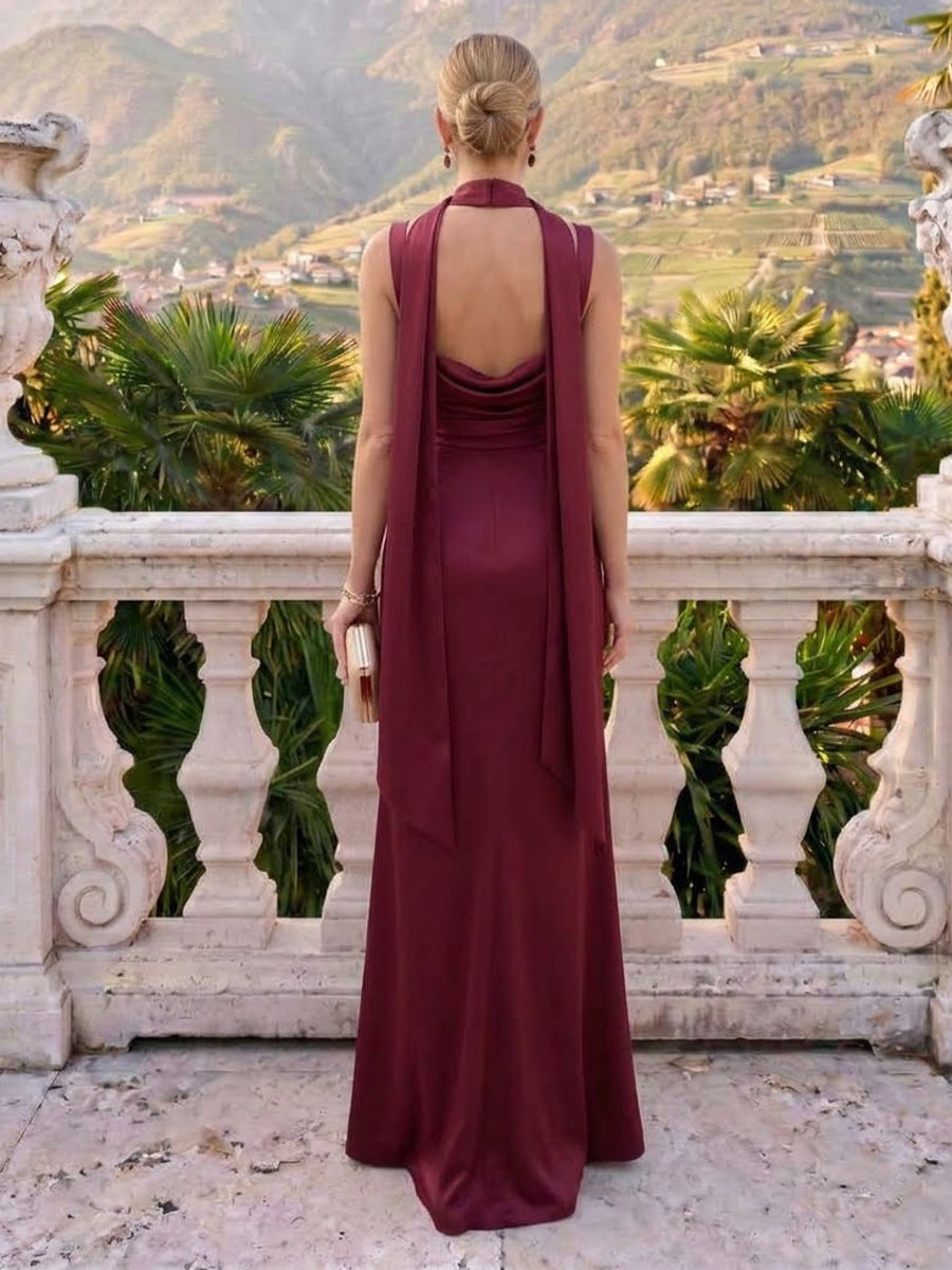 Satin Square Neck Mermaid Sleeveless Long Formal Dresses with Slit