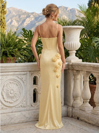 Satin Spaghetti Straps Sheath Sleeveless 3D Flower Long Formal Dresses