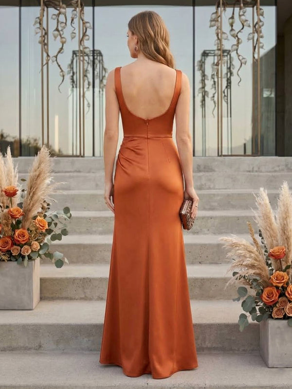 Satin Mermaid Square Neck Sleeveless Long Formal Dresses with Slit