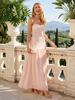 Chiffon Strapless A Line Sleeveless Lace Applique Long Formal Dresses