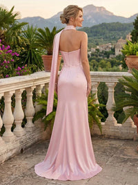 Satin Strapless Mermaid Sleeveless Corset Long Formal Dresses with Slit
