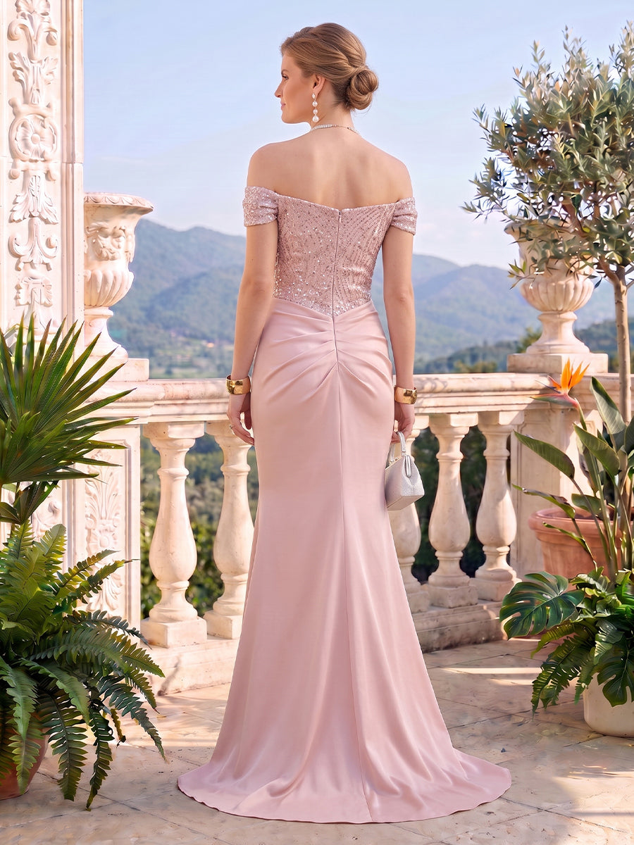 Satin Off the Shoulder Mermaid Sleeveless Sequin Long Formal Dresses