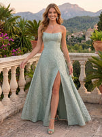 Satin A Line Strapless Sleeveless Jacquard Long Formal Dresses with Slit