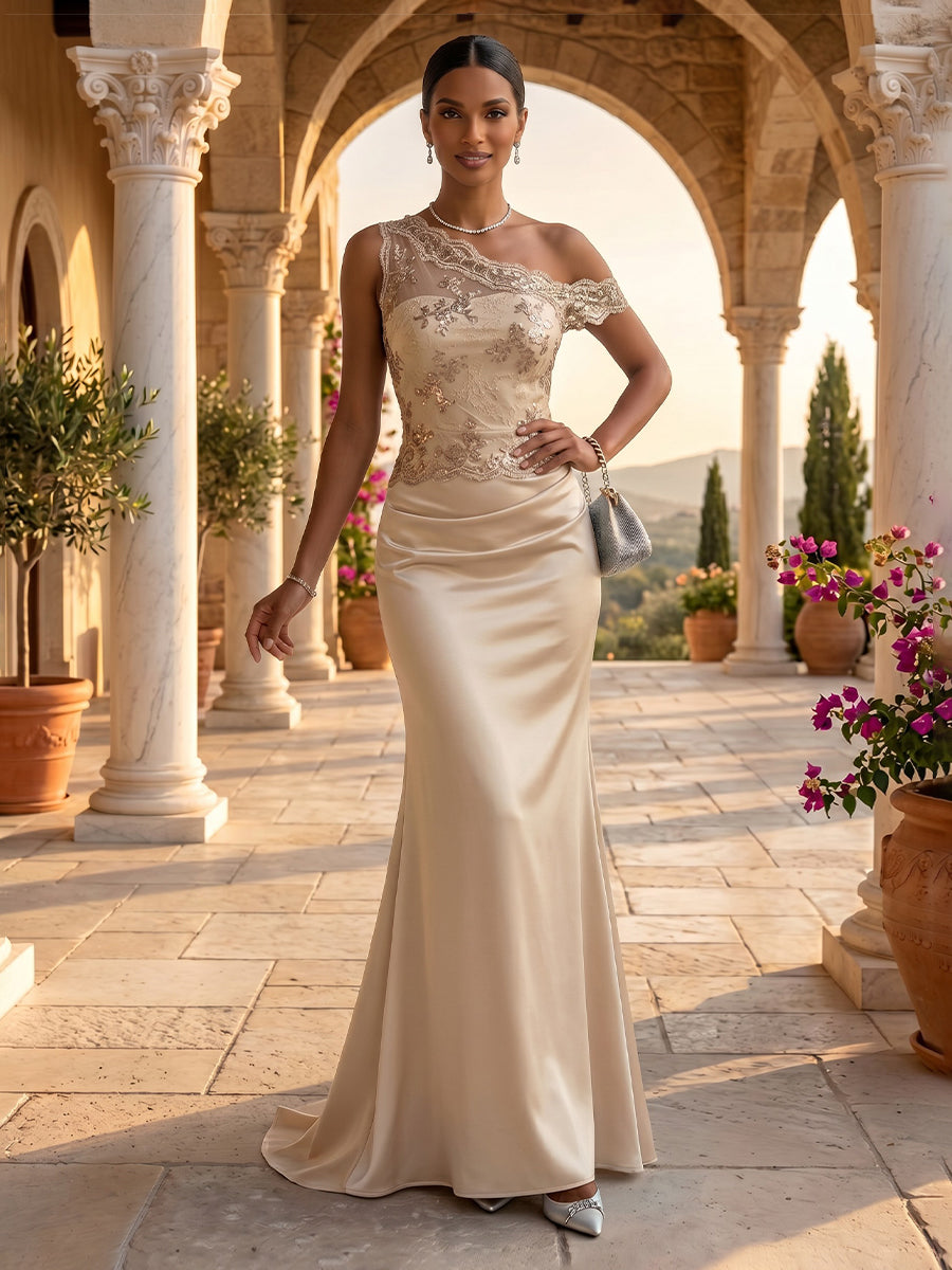 One Shoulder Sheath/Mermaid Lace Appliques Satin Evening Dresses
