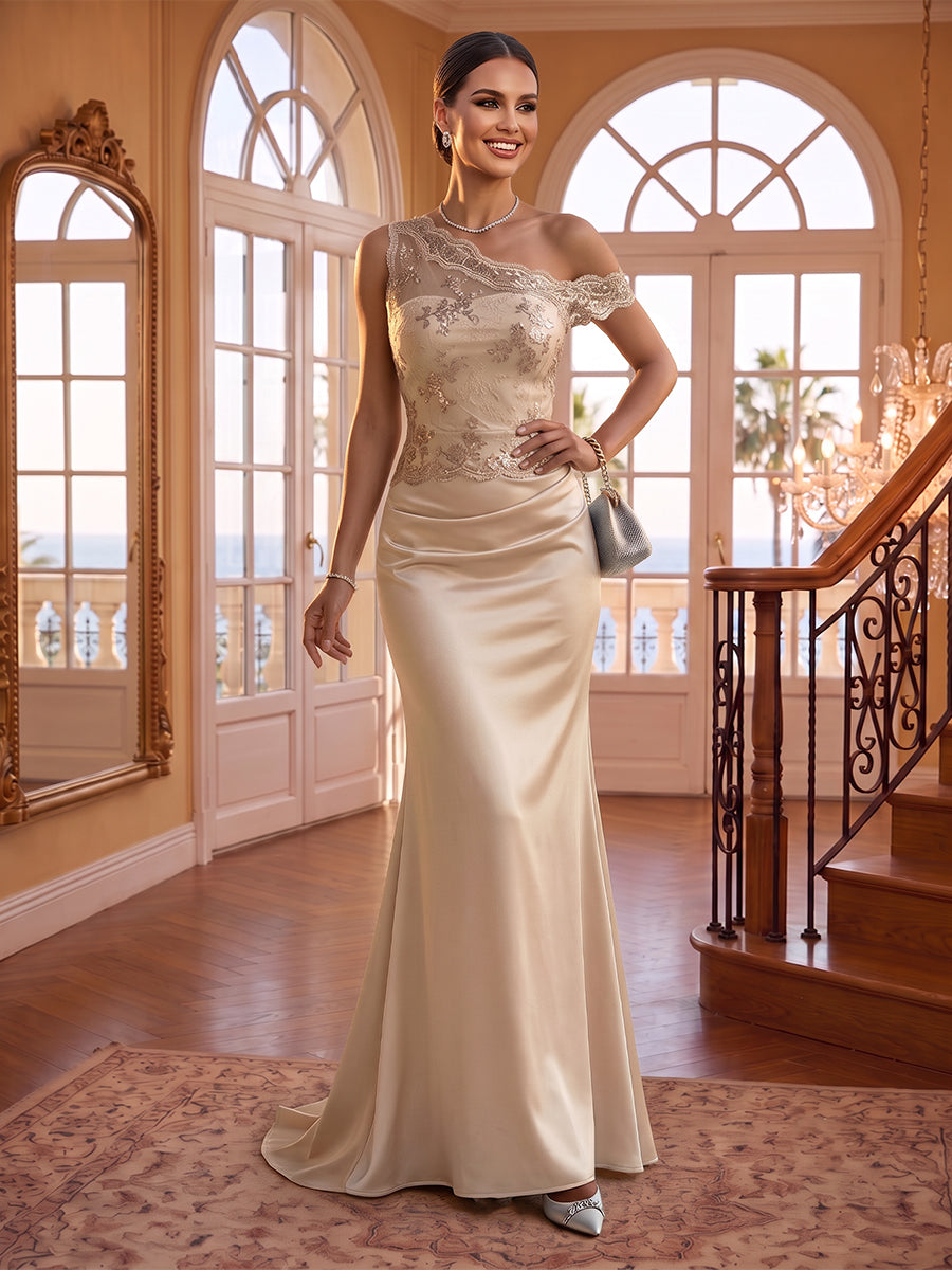 One Shoulder Sheath/Mermaid Lace Appliques Satin Evening Dresses