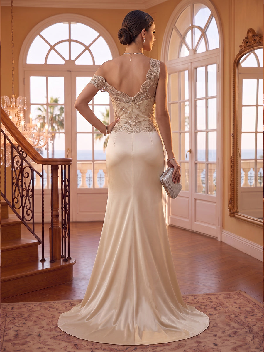 One Shoulder Sheath/Mermaid Lace Appliques Satin Evening Dresses