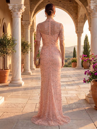 High Neck Sheath/Mermaid Sequin Tulle Floor Length Evening Dresses
